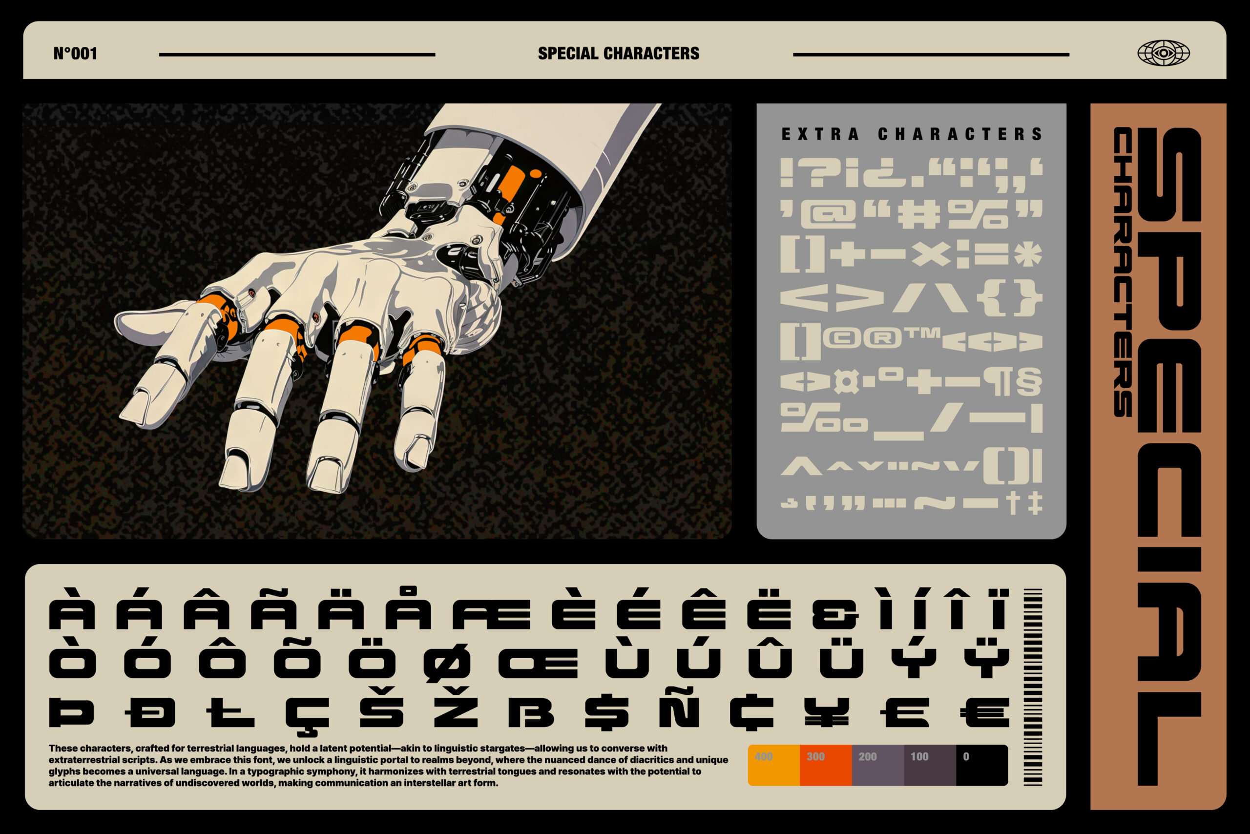 Futuristic robotic hand illustration with multilingual futuristic font set. Ideal for designers seeking unique typography and tech-themed graphics.