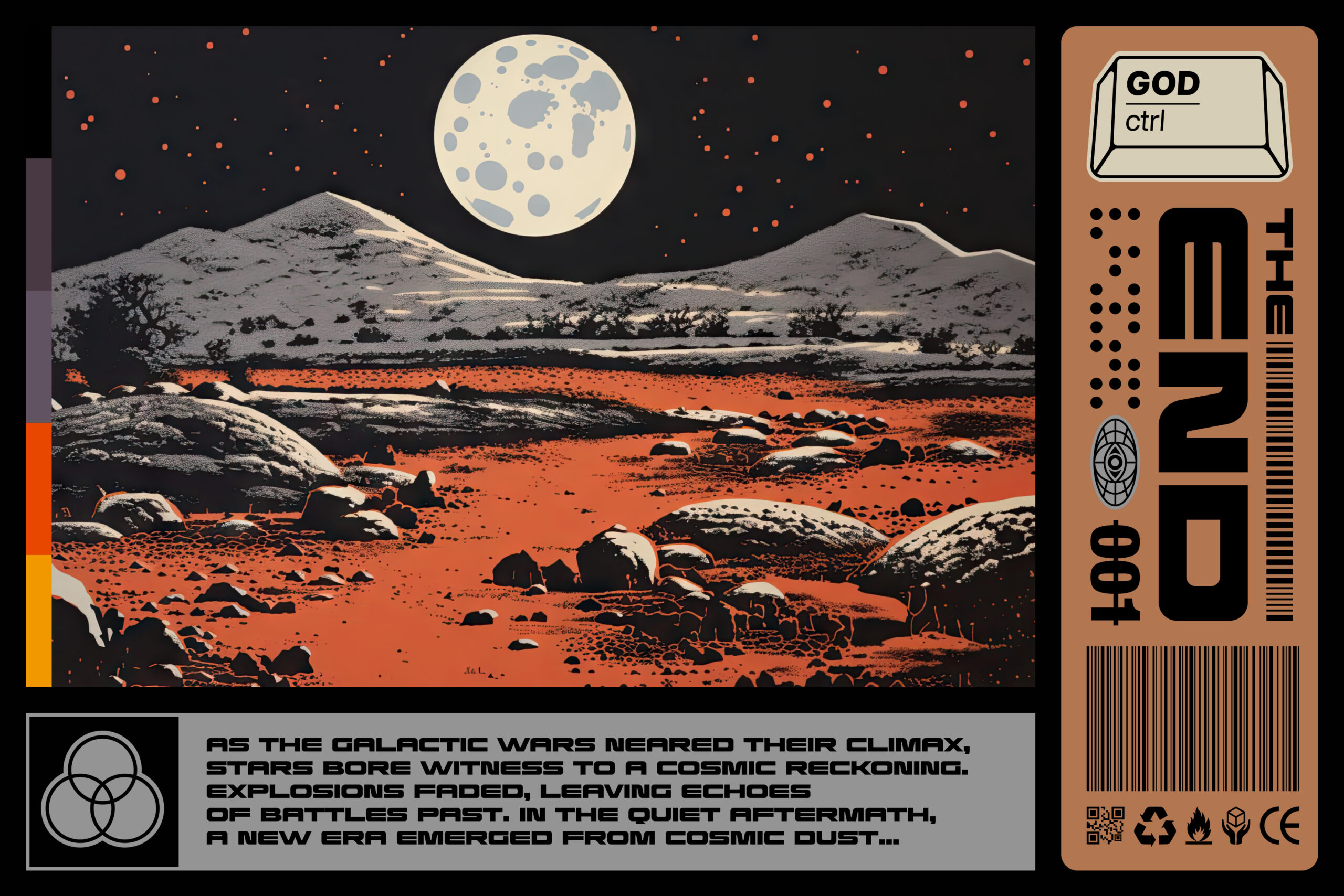 Retro sci-fi illustration of a cosmic landscape featuring a large moon and rocky terrain. Perfect for design projects in graphics or templates.