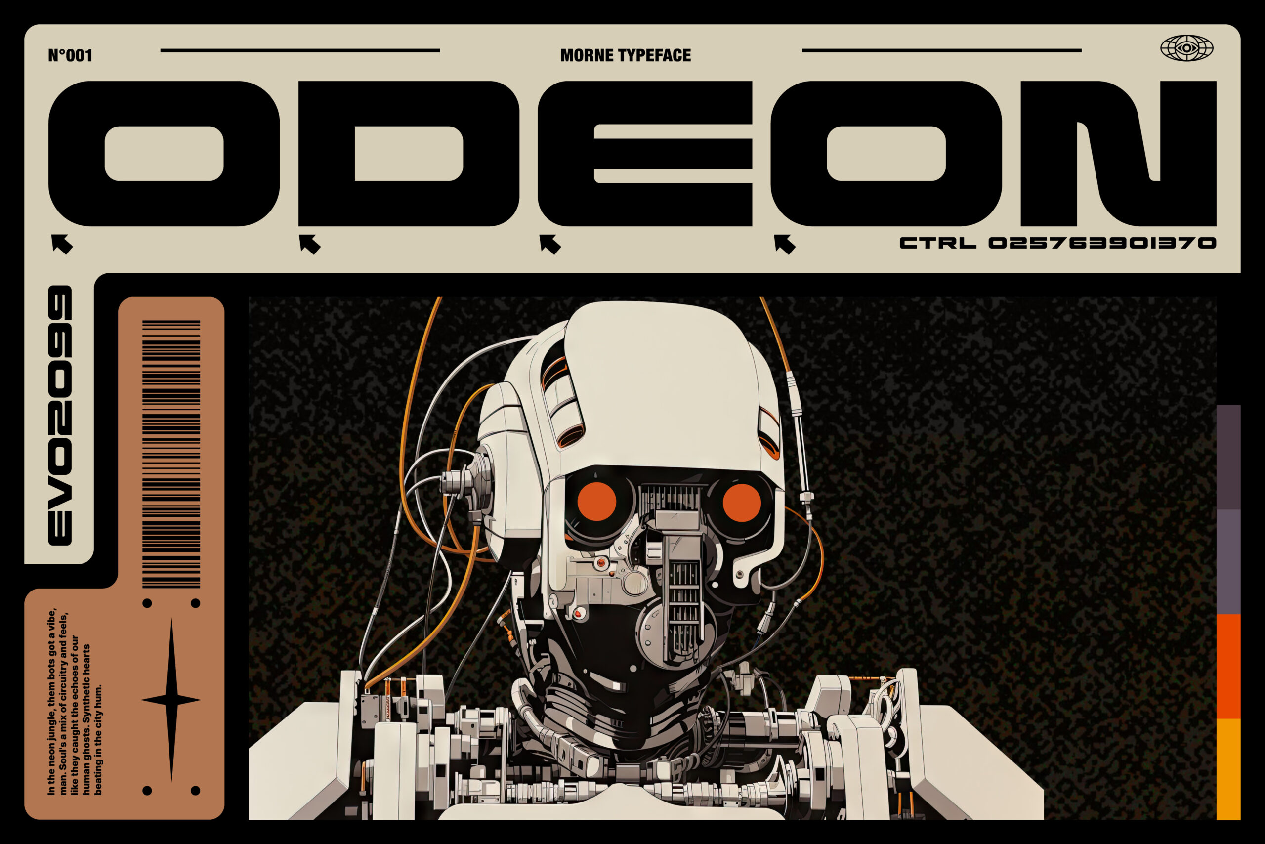 Retro robot illustration with vintage sci-fi design showcasing Odeon typeface. Ideal for designers seeking unique graphics or typeface mockups.