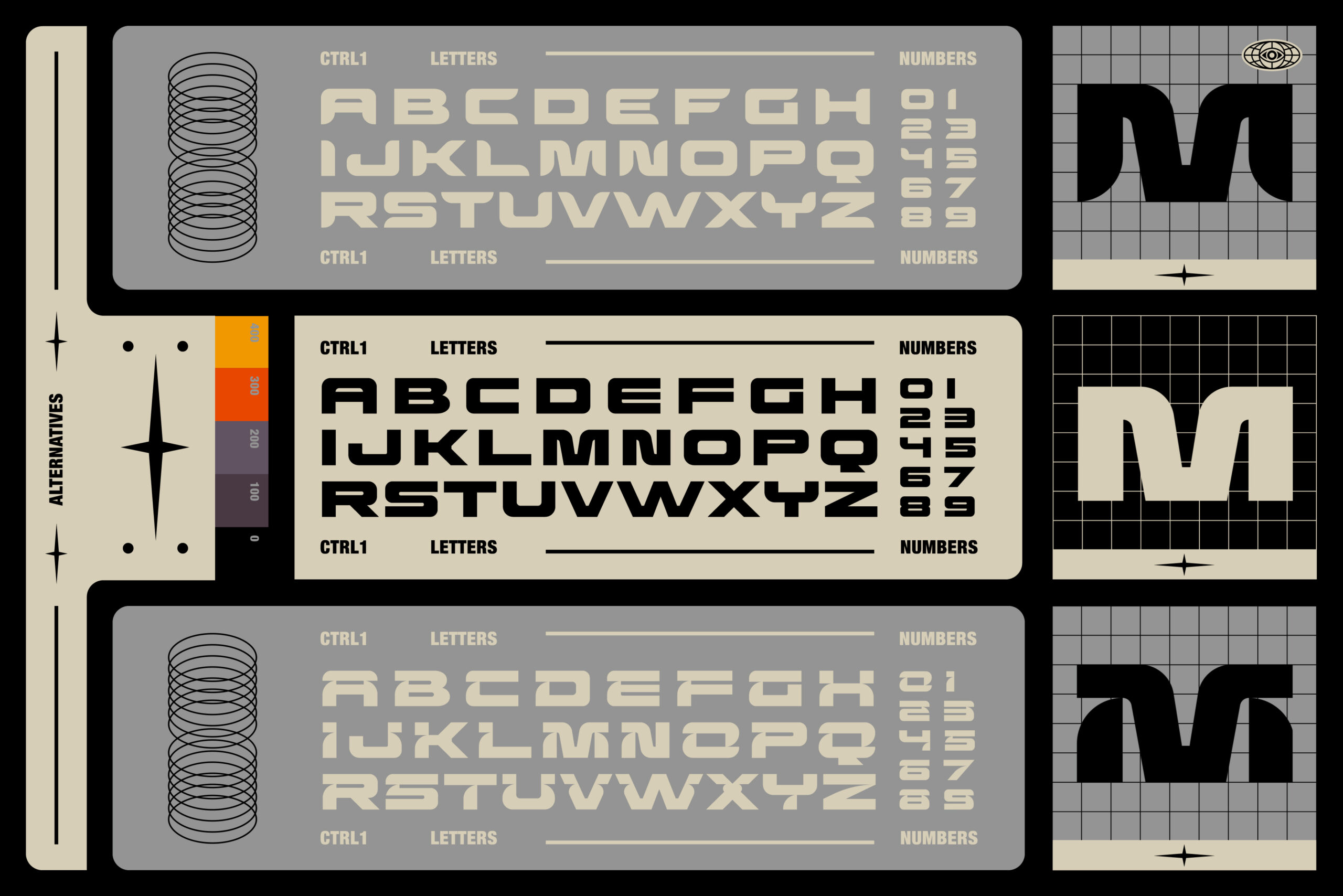 Futuristic font template featuring bold uppercase letters and numbers. Perfect for designers seeking modern typography with tech-inspired aesthetics.