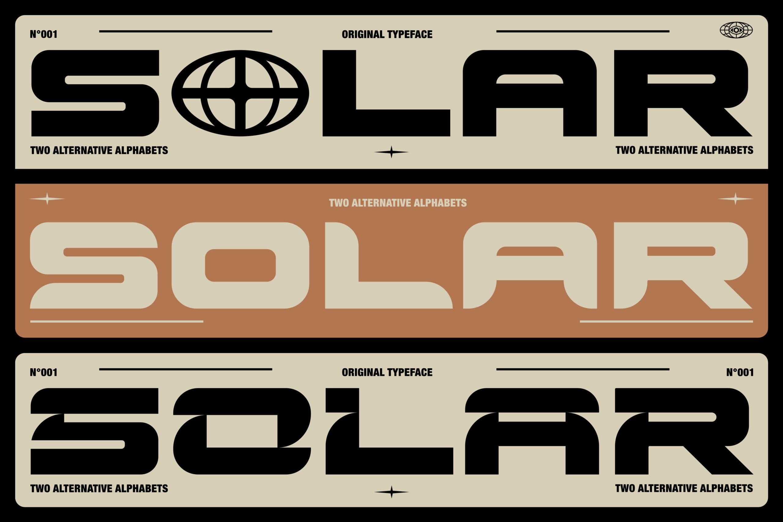 Bold retro solar typeface in two color variations featuring unique design elements ideal for graphic templates and typography projects.