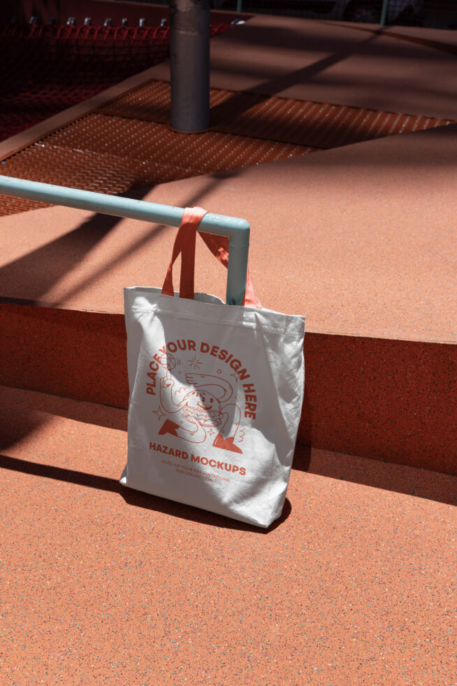 White tote bag mockup with printed design on orange steps and teal railing sunlight shadow Tote Bag Mockup Designer Template Digital Asset SEO Friendly