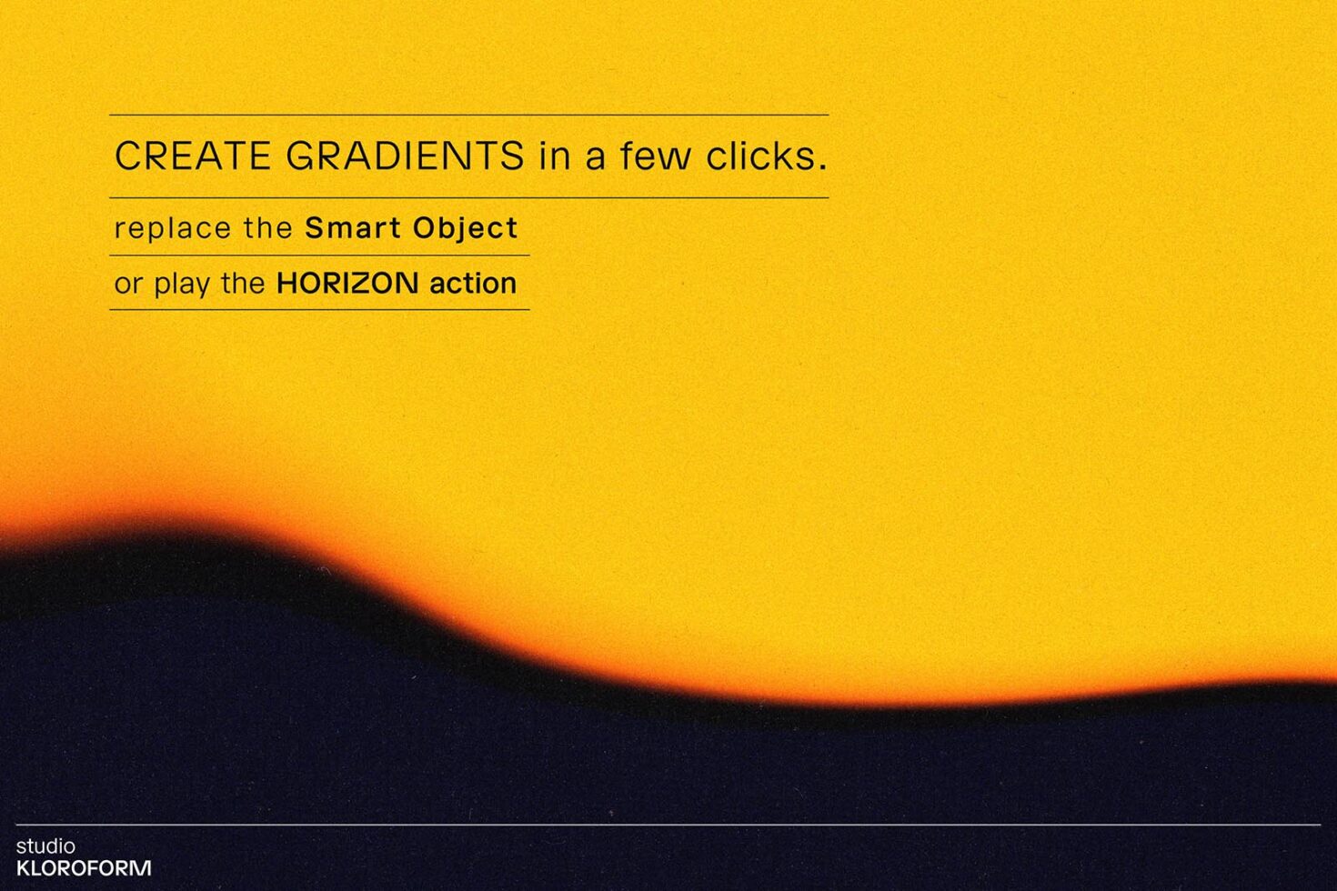 Gradient graphic template with vibrant yellow and black hues for designers. Modify Smart Object or use Horizon action for quick gradient creation.