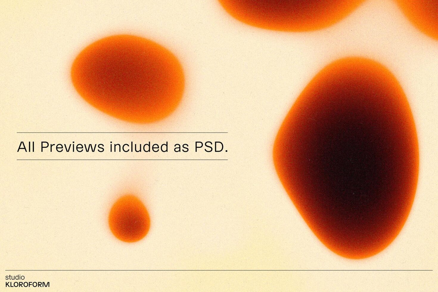 Abstract orange and brown gradient shapes on a light background with text saying All Previews included as PSD. Ideal for designer mockups and graphics.