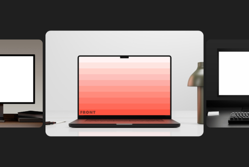 Laptop mockup display with gradient background on white desk, flanked by desktop monitors. Ideal for graphic designers, templates, digital assets.