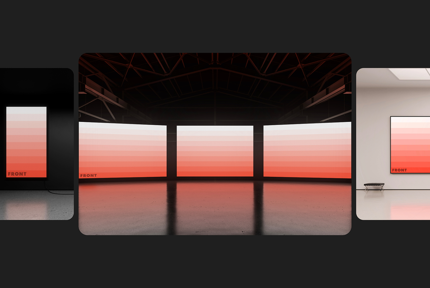 Digital mockup showcasing a spacious modern gallery with large gradient panels in shades of orange perfect for designers. Ideal for showcasing artwork.