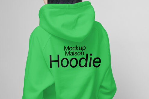 Green hoodie mockup showcasing back design with bold text. Perfect for apparel designers and digital asset creators needing high-quality hoodie templates.