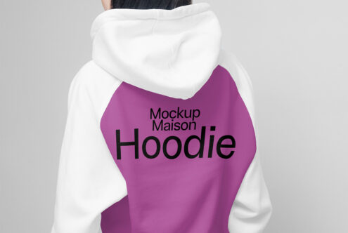 Back view of a white and purple hoodie with text Mockup Maison Hoodie on the back ideal for hoodie mockup designs apparel templates and graphic assets.