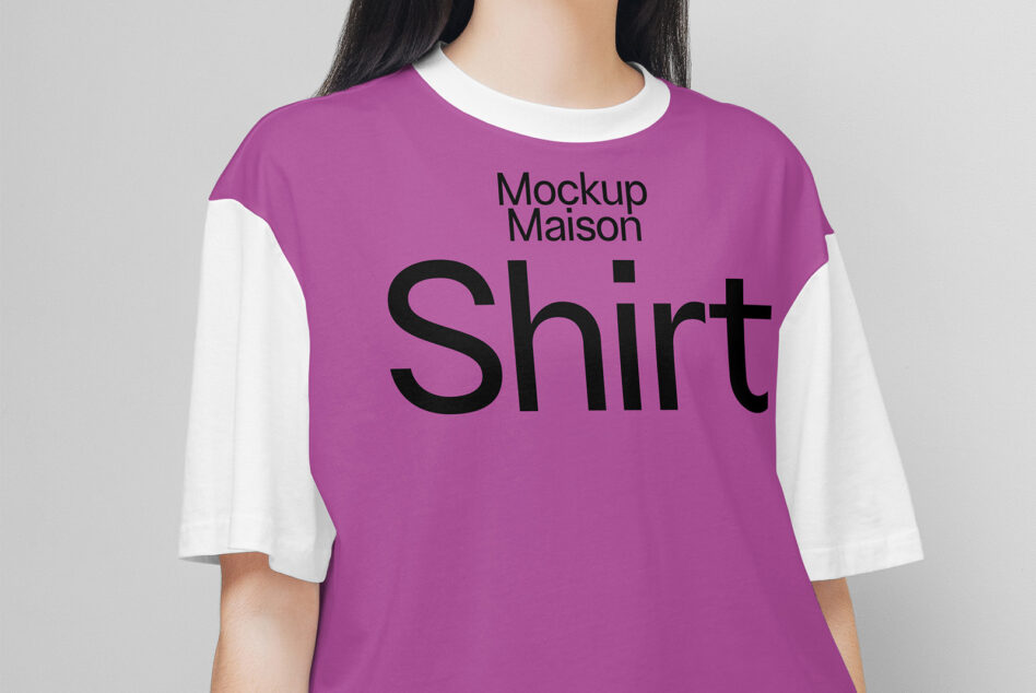 T-shirt mockup showcasing magenta and white design with bold black text. Perfect for apparel designers seeking customizable clothing graphics and templates.