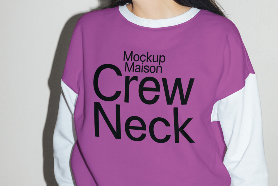 Purple crew neck sweatshirt mockup featuring bold typography for designers. Perfect for showcasing apparel designs and graphics. Fashion template.