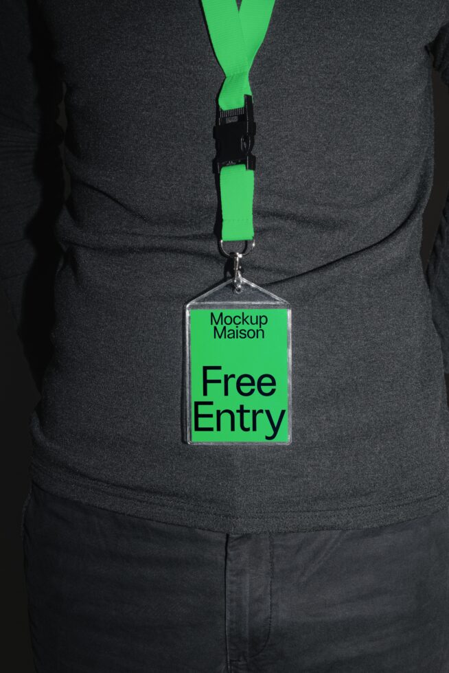 Designer lanyard mockup with a bright green card displaying text Mockup Maison Free Entry perfect for showcasing event pass designs and ID templates.