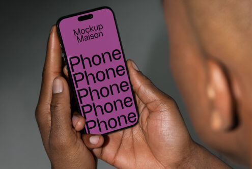 Phone screen mockup held in hand with purple background font display ideal for designers showcasing app UI UX design mockups high-quality digital asset.