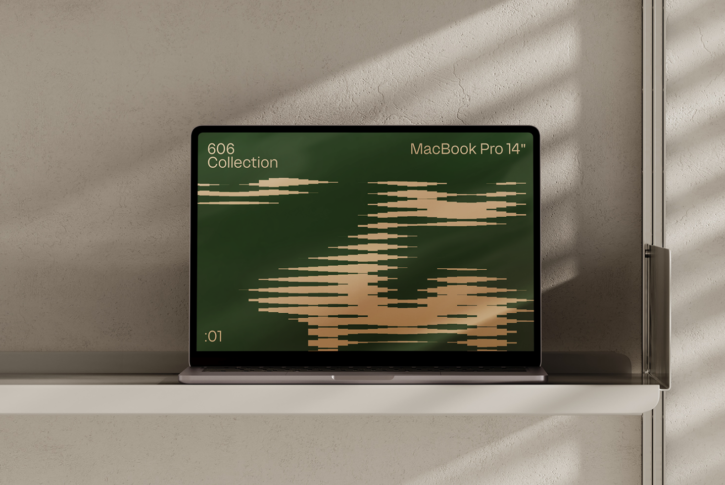 MacBook Pro 14 inch mockup on shelf with digital artwork display featuring abstract design. Perfect for designers and digital asset presentations.