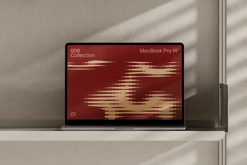 MacBook Pro 14 inch mockup showcasing abstract digital art on screen. Perfect for designers seeking modern graphics. Ideal for design presentations.