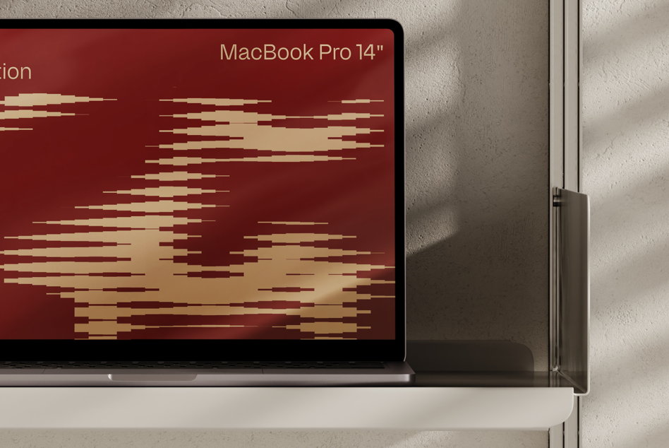 MacBook Pro 14 inch mockup on a shelf with abstract striped maroon and beige background perfect for designers showcasing templates and digital assets.