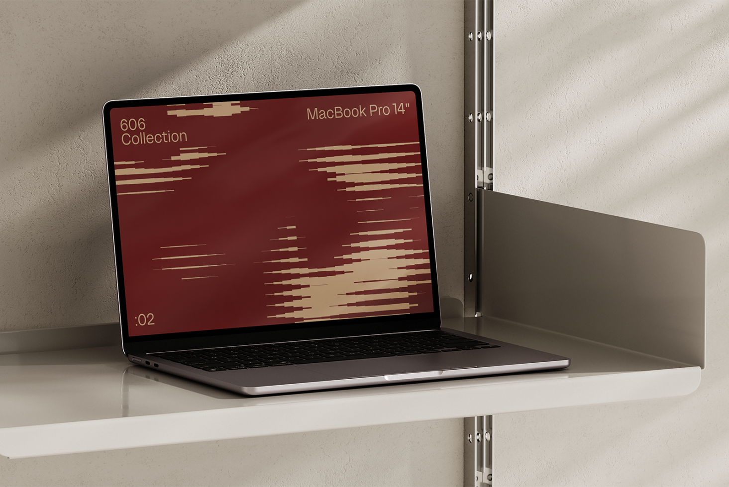 MacBook Pro 14 inch mockup on a shelf with abstract red and beige graphic display. Ideal for showcasing UI design templates and modern tech graphics.