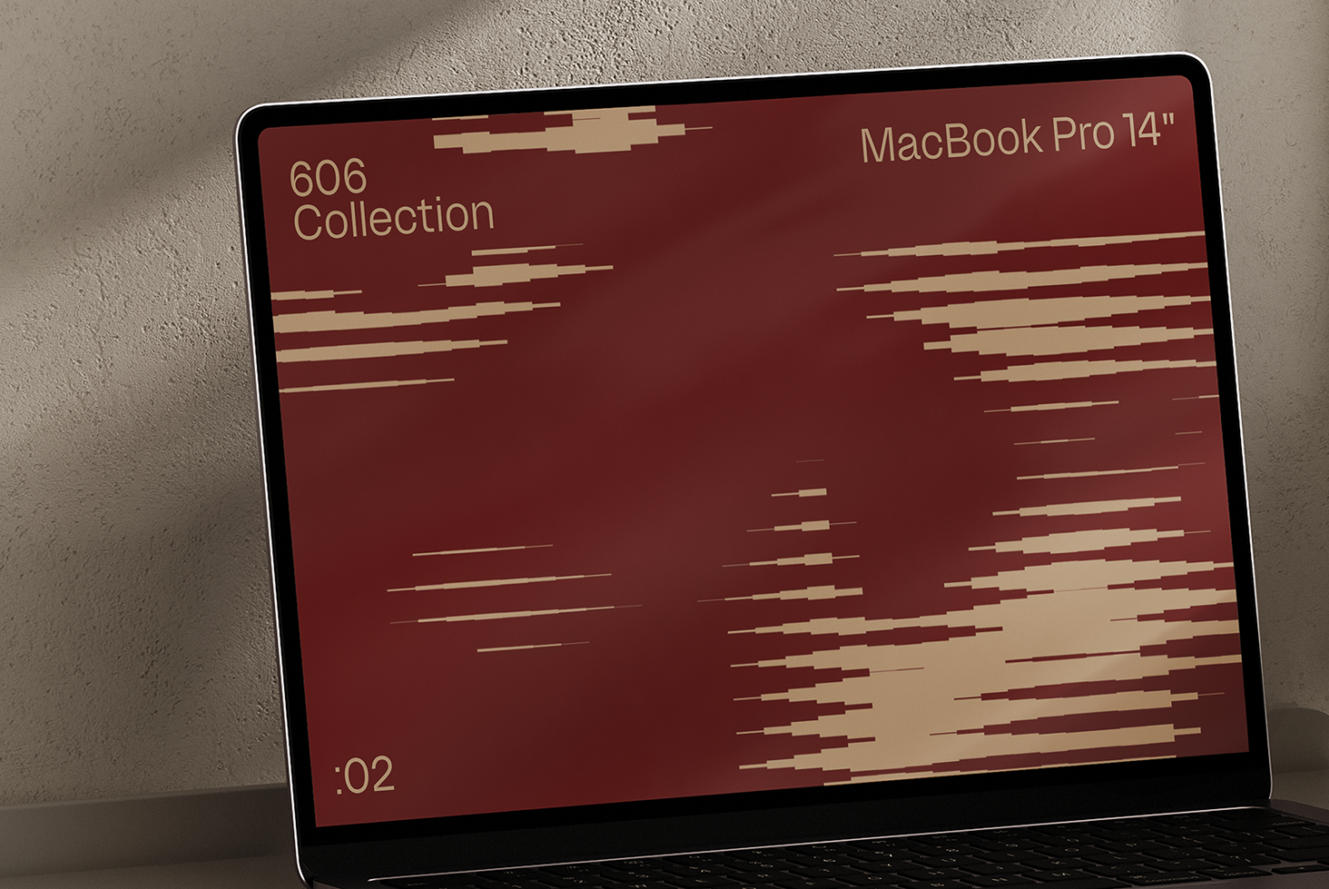 Mockup of MacBook Pro 14 inch screen displaying abstract red and beige graphics, perfect for designers seeking modern digital assets for creative projects.