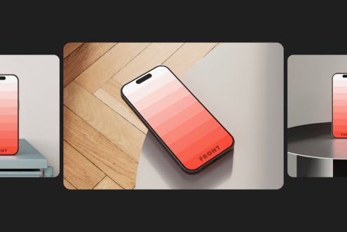 Smartphone mockup with gradient screen design on wooden and metal surfaces perfect for UI UX presentations. Minimal, modern, digital asset for designers.