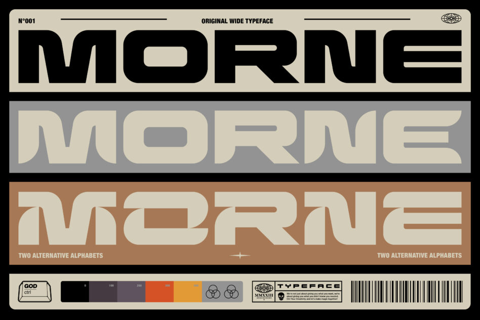 Wide typeface design showcasing three different styles of the word Morne in bold lettering. Ideal for designers seeking unique fonts and typography.