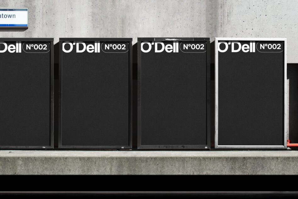 ODell Font Poster Mockup Display showcasing bold typography on black panels against a concrete backdrop ideal for graphic design and branding templates.