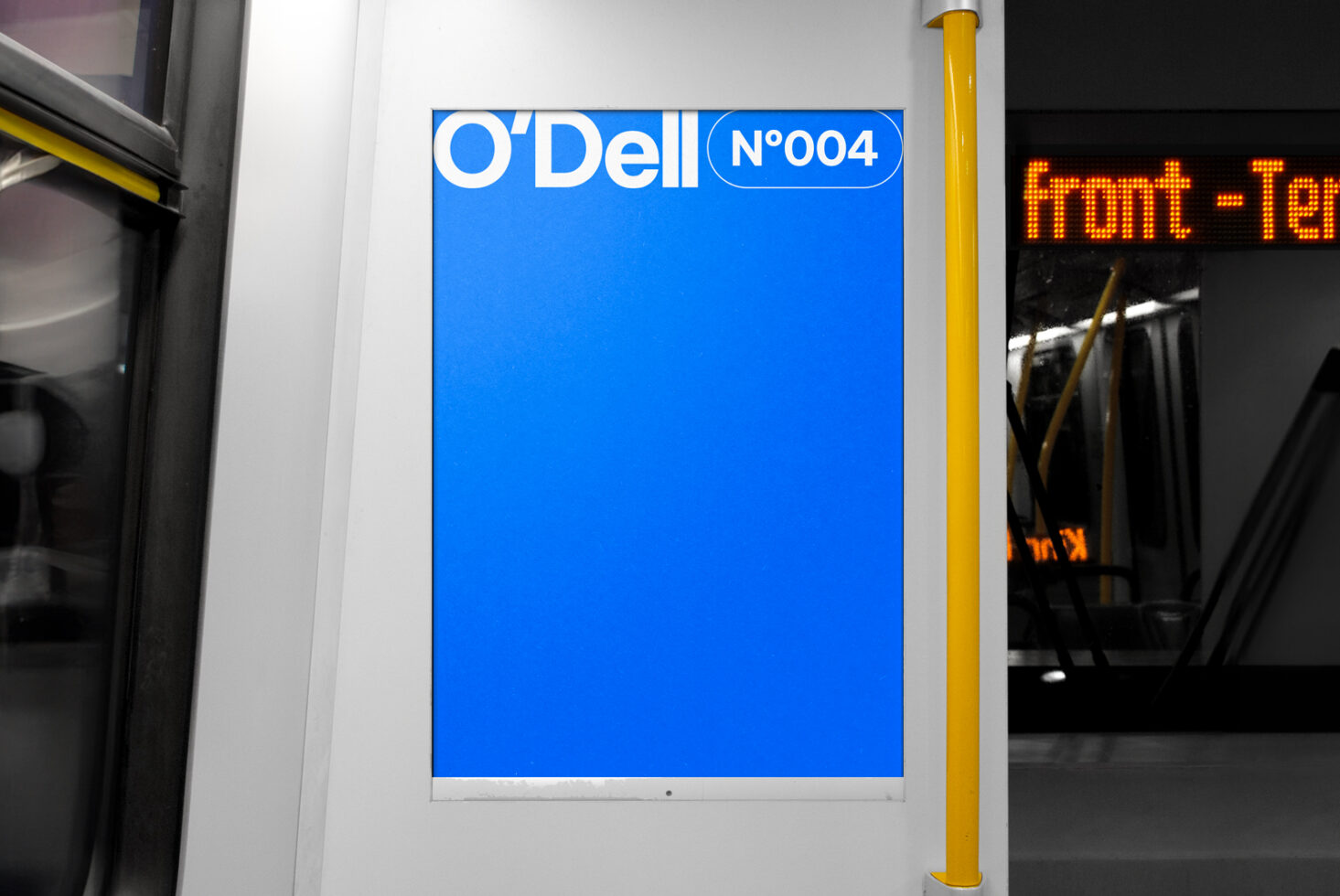 Subway interior with blue advertising poster template on the wall. Modern mockup design for designers. Perfect for graphics and marketing projects.