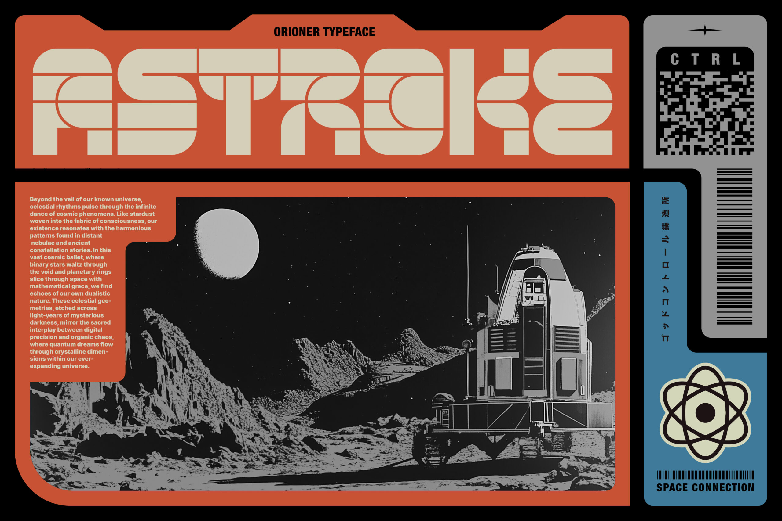 Futuristic typeface design showcasing Astroke font with sci-fi aesthetic featuring lunar landscape and space elements. Ideal for graphic design projects.