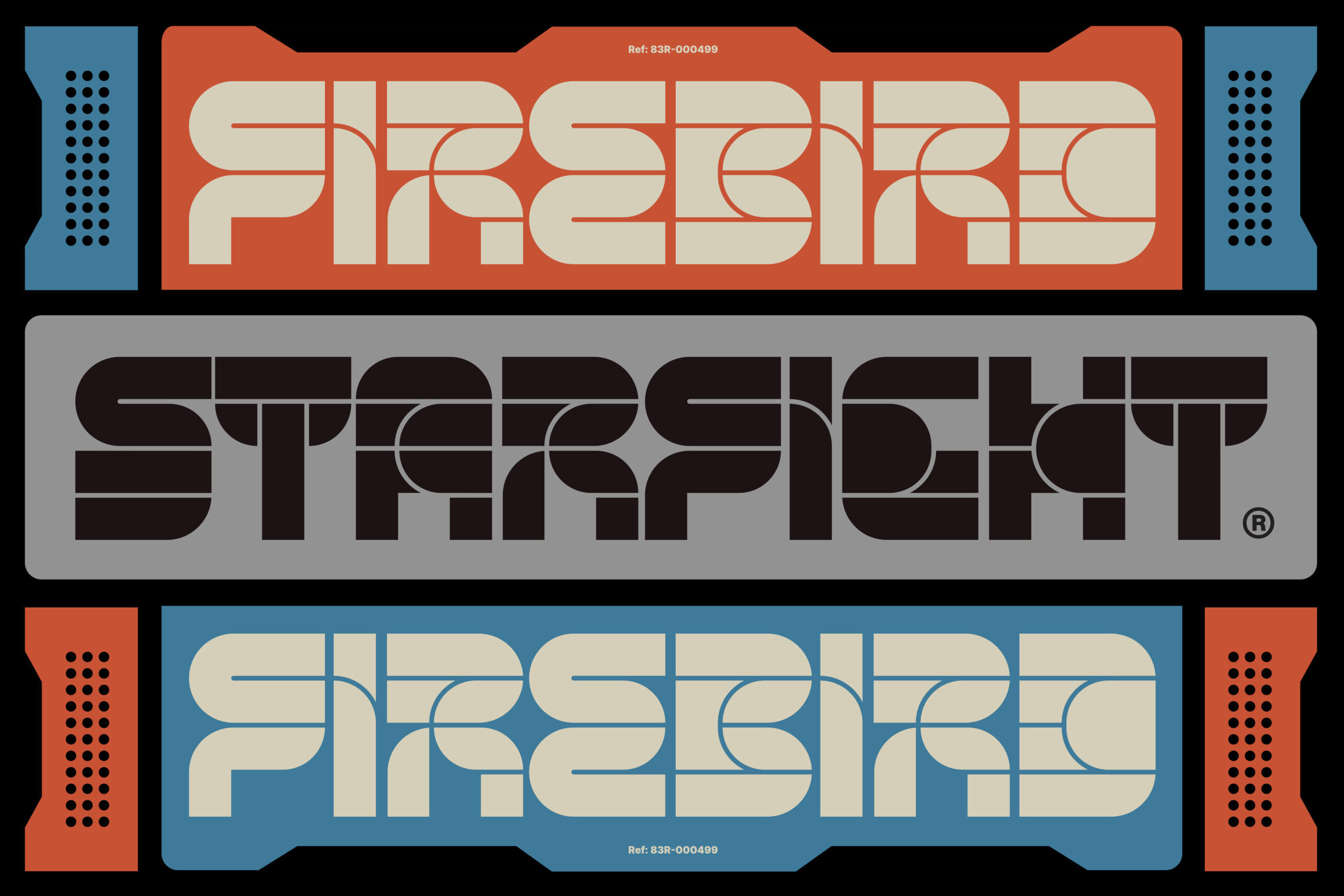 Retro digital typography design featuring Firebird and Starfight words in futuristic geometric style ideal for designers looking for unique fonts.