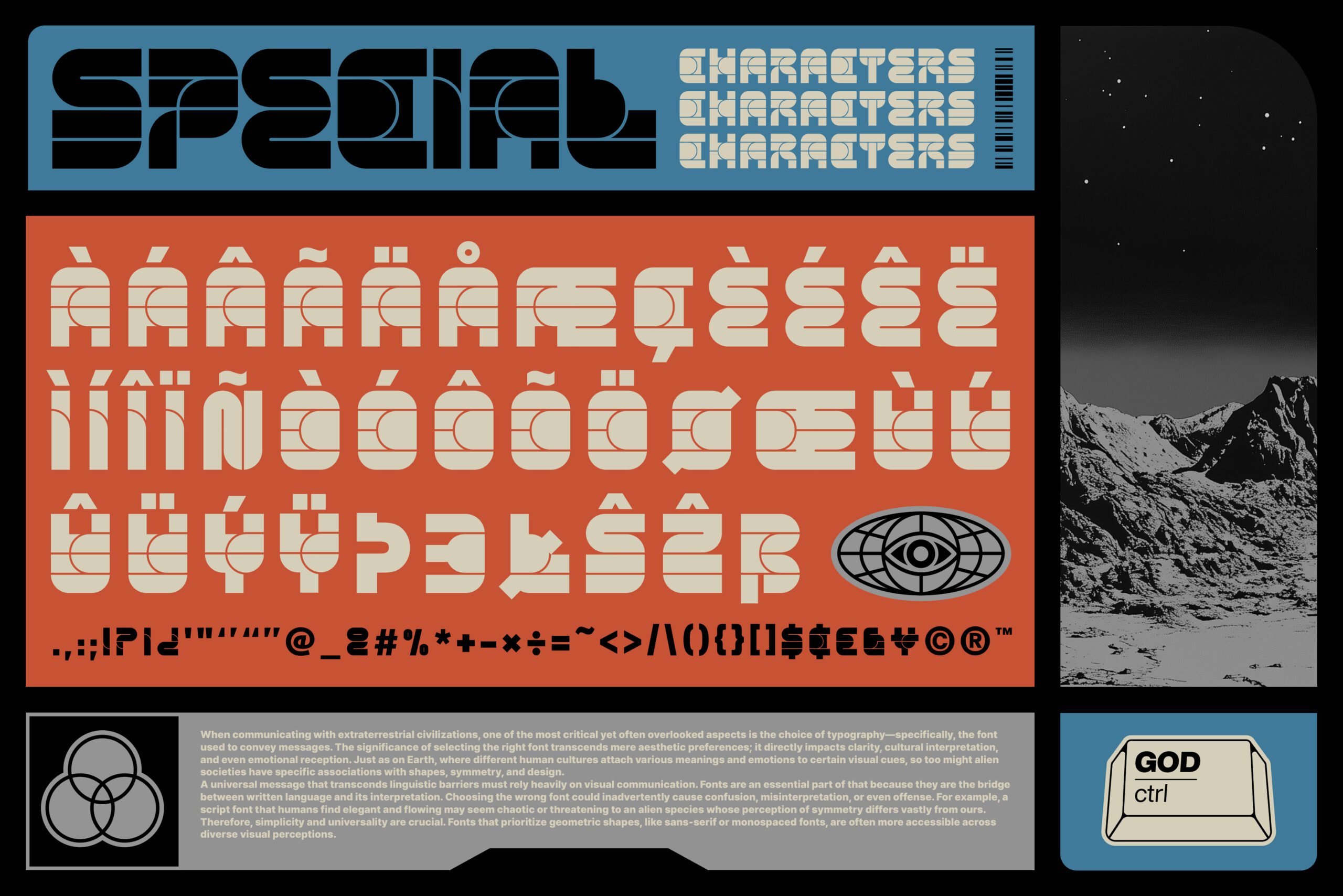 Futuristic font design with special characters set against a space-themed backdrop. Perfect for designers seeking unique typography. Ideal for graphic projects.