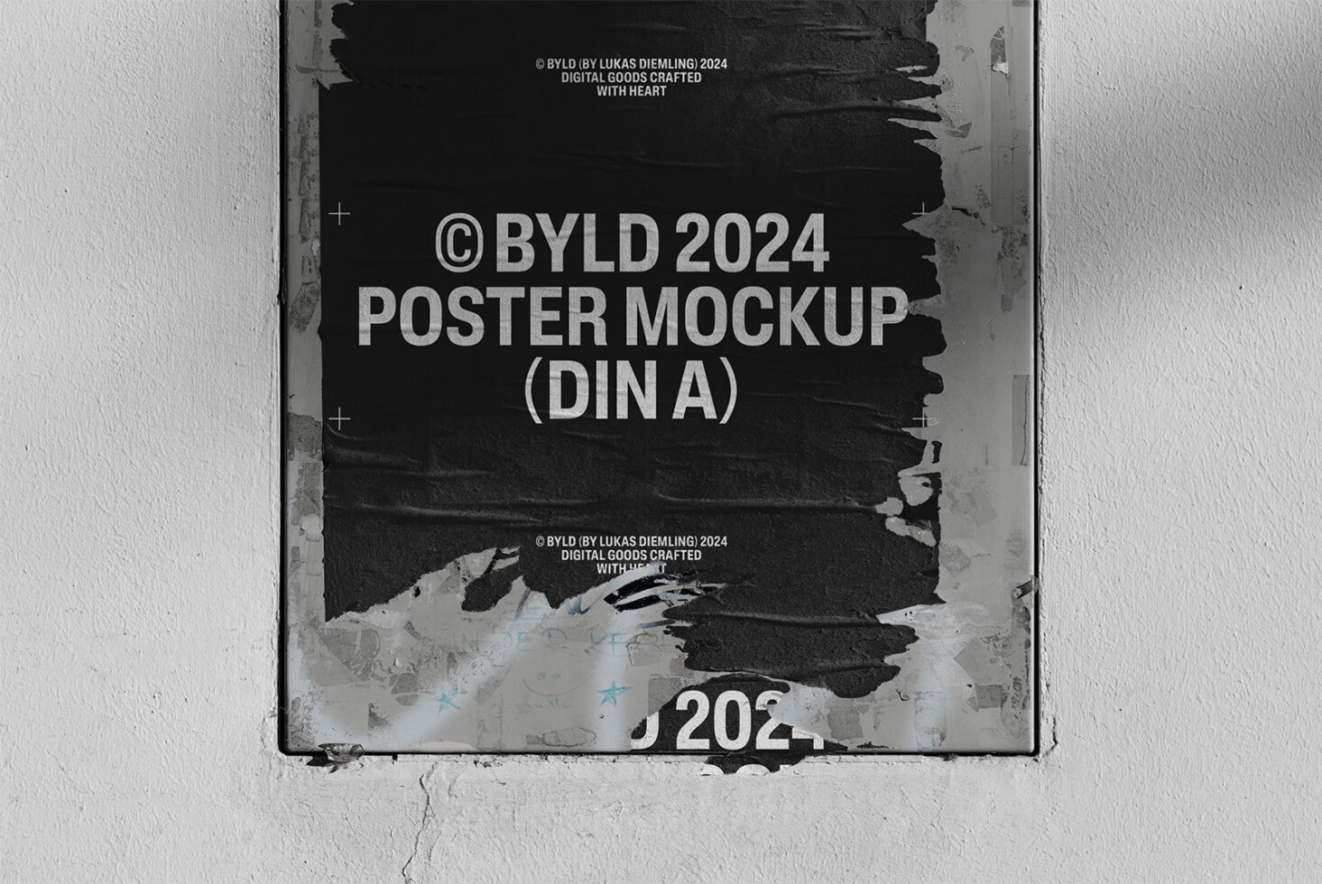 Urban poster mockup on textured concrete wall showcasing BYLD 2024 design. Ideal for designers. Keywords: mockup graphic design template.