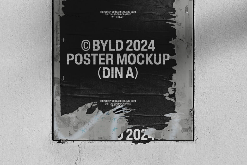 Weathered DIN A poster mockup with grungy black brushstrokes, mounted on cracked white wall