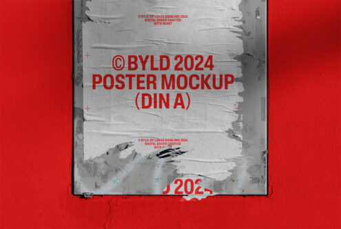 BYLD 2024 poster mockup on textured red wall ideal for designers. Perfect for showcasing creative design projects in a realistic urban setting.