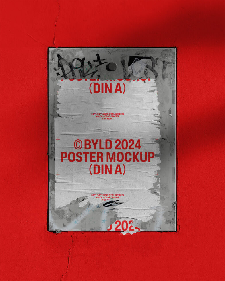 Mockup featuring a distressed poster in an urban setting on a bright red wall. Ideal for showcasing poster designs. Keywords: Mockup, Poster, Designers.