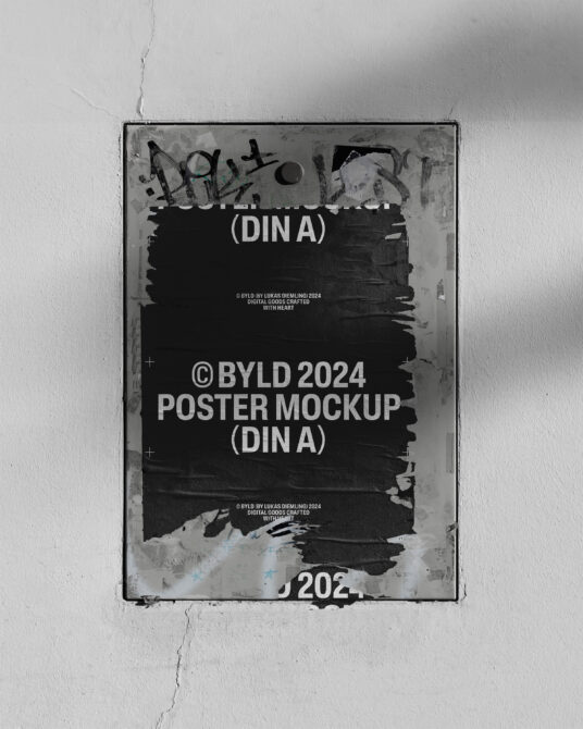 DIN A poster mockup with black paint stroke on light brick wall