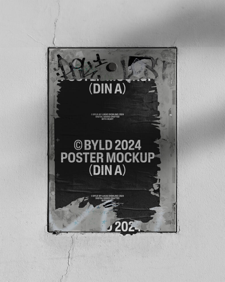 Urban poster mockup on weathered wall with graffiti, showcasing BYLD 2024 design. Ideal for designers seeking realistic presentation. Mockups, graphics.