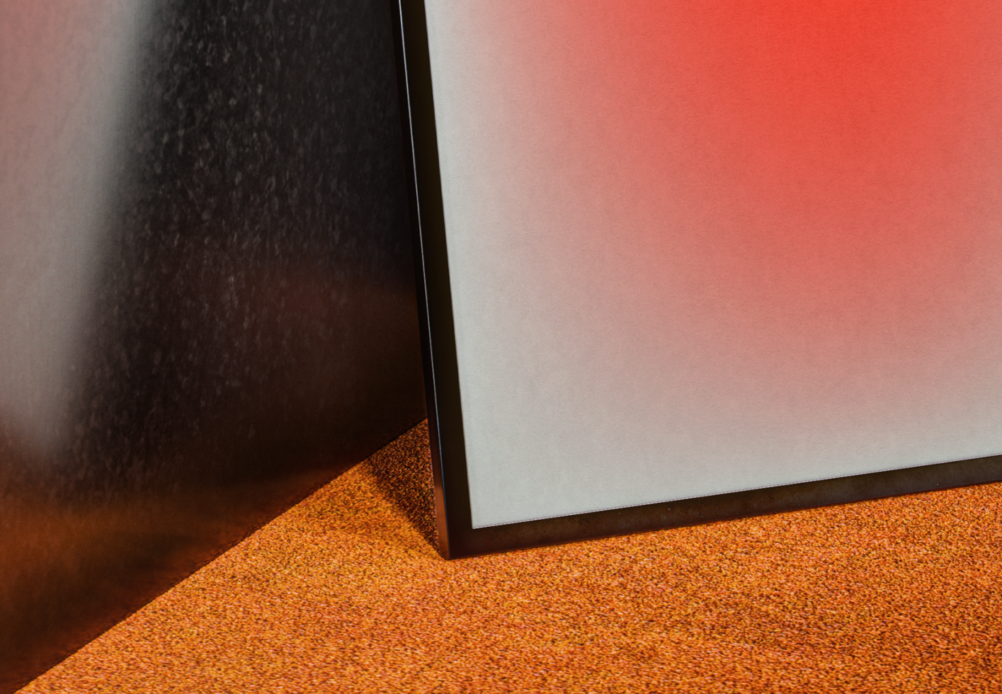 Modern abstract poster mockup with gradient red and black design on speckled orange surface ideal for graphic designers showcasing artwork.