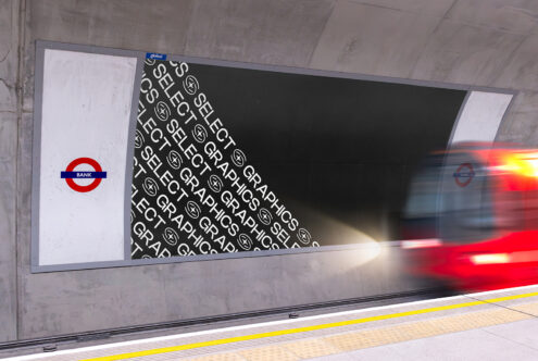 Underground station mockup featuring a modern graphic billboard with motion blur of a passing train Ideal for showcasing commercial design projects