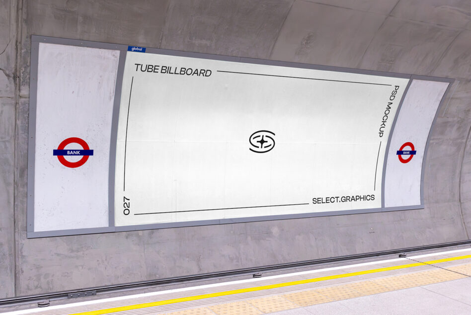 Subway tube billboard PSD mockup in urban setting ideal for designers showcasing advertising graphics templates and creative projects.