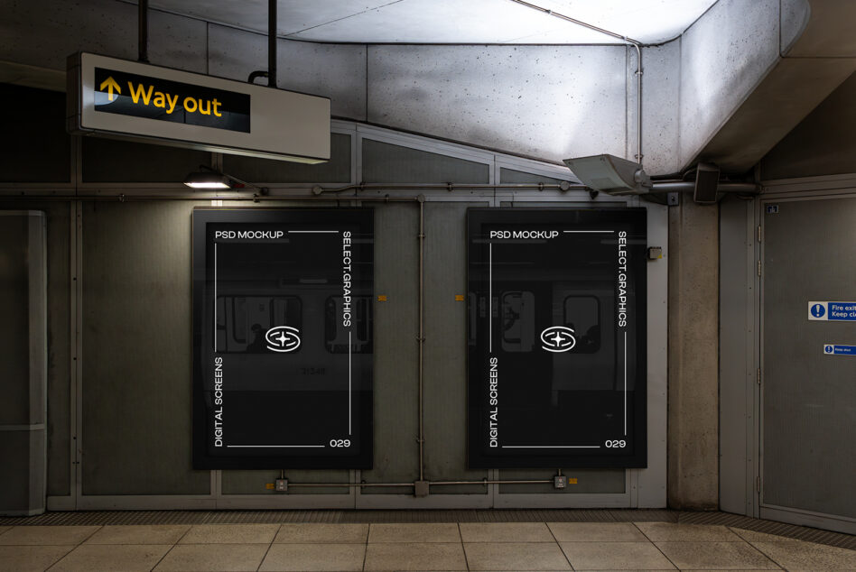 Subway poster PSD mockup featuring two vertical frames on a station wall; ideal for advertising designs, urban graphics, and digital screen templates.