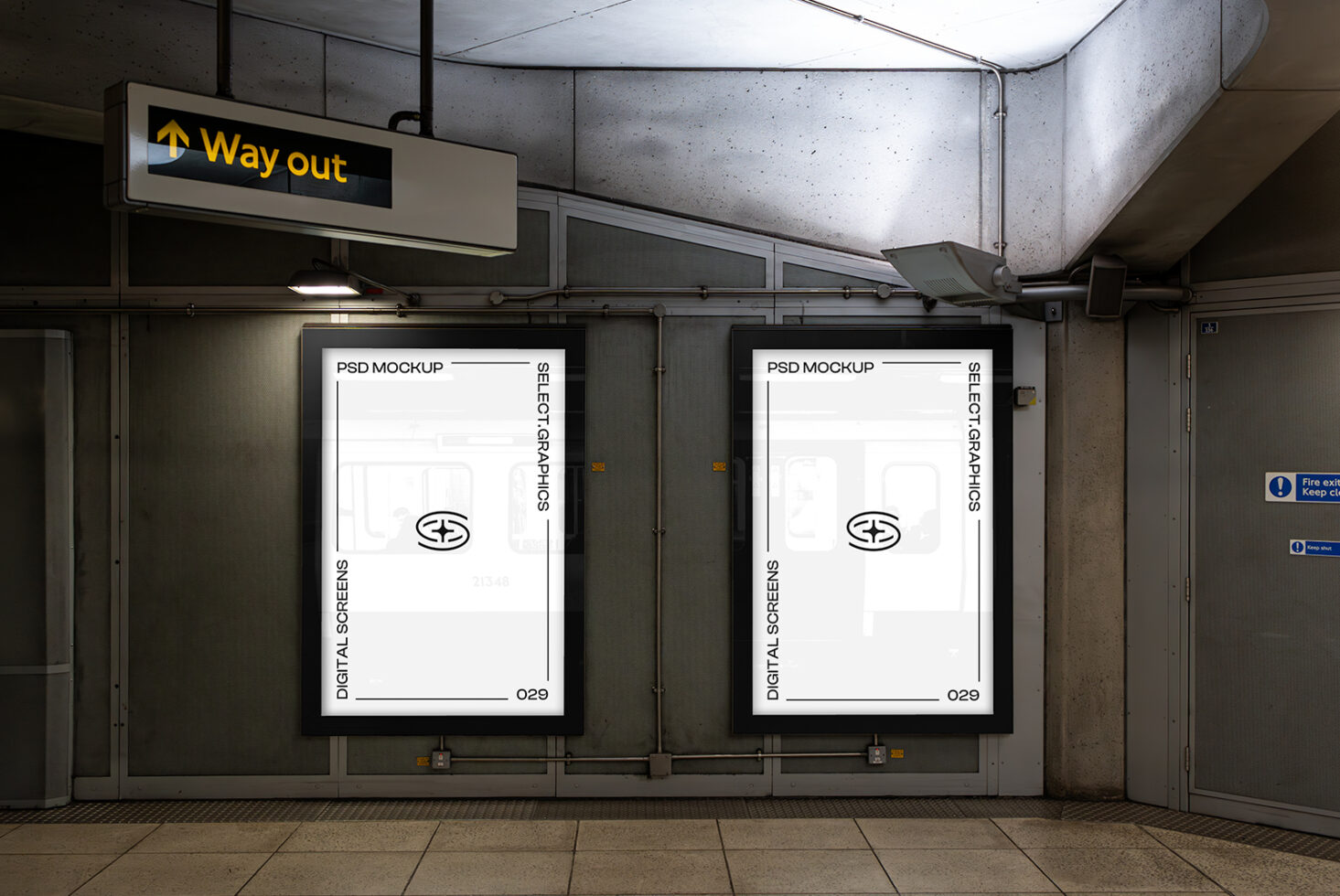 Subway station digital poster PSD mockup with two vertical screens ideal for graphic designers showcasing modern urban templates in realistic settings.