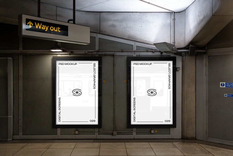 Subway station digital poster PSD mockup with two vertical screens ideal for graphic designers showcasing modern urban templates in realistic settings.