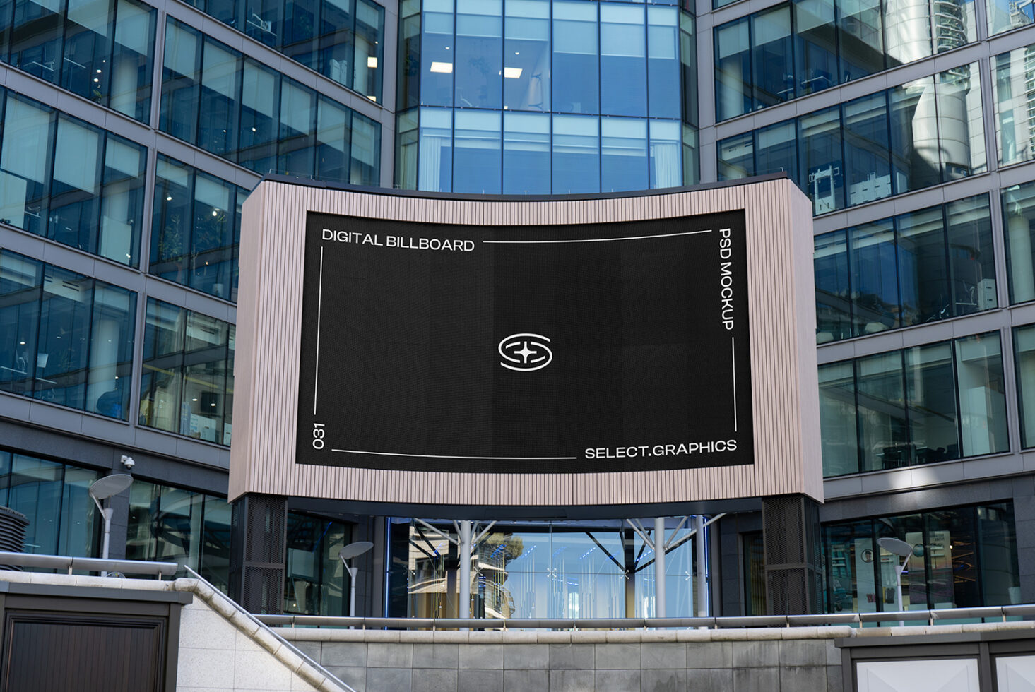 Digital billboard PSD mockup on modern glass building, perfect for urban advertising designs. Ideal for designers seeking high-quality graphics mockups.