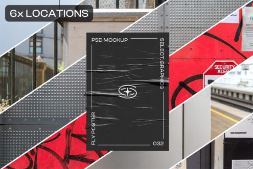 Fly poster PSD mockup in urban settings. Includes six locations with textured backgrounds. Perfect for showcasing street art designs and branding graphics.