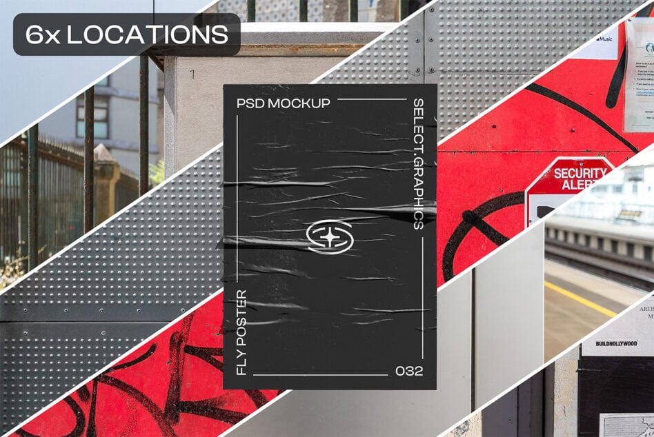 Poster mockup composite showing 6 different urban locations including metal, red paint