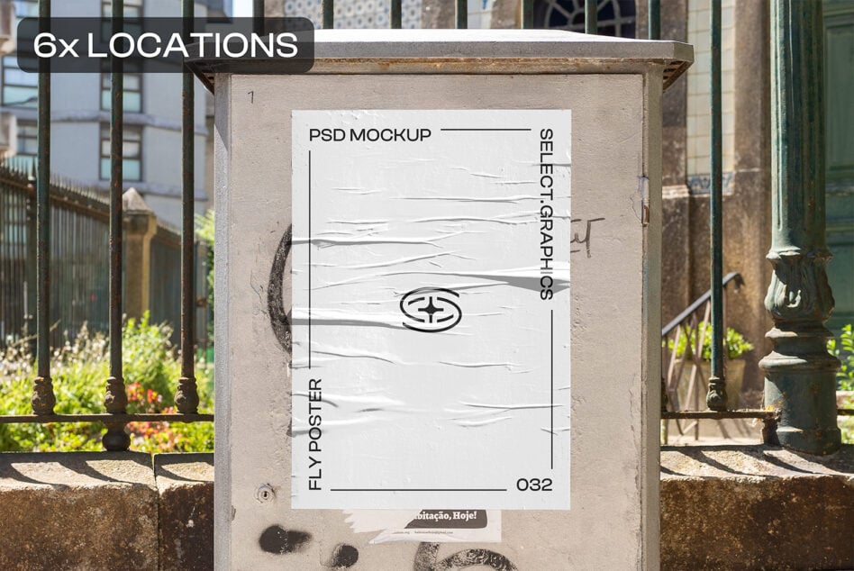 White poster mockup on weathered stone structure with 6 real-world location options