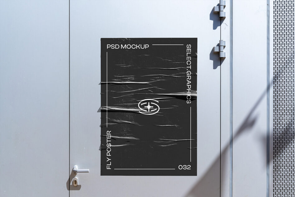 Black flypost mockup on white wall with geometric logo, realistic shadow
