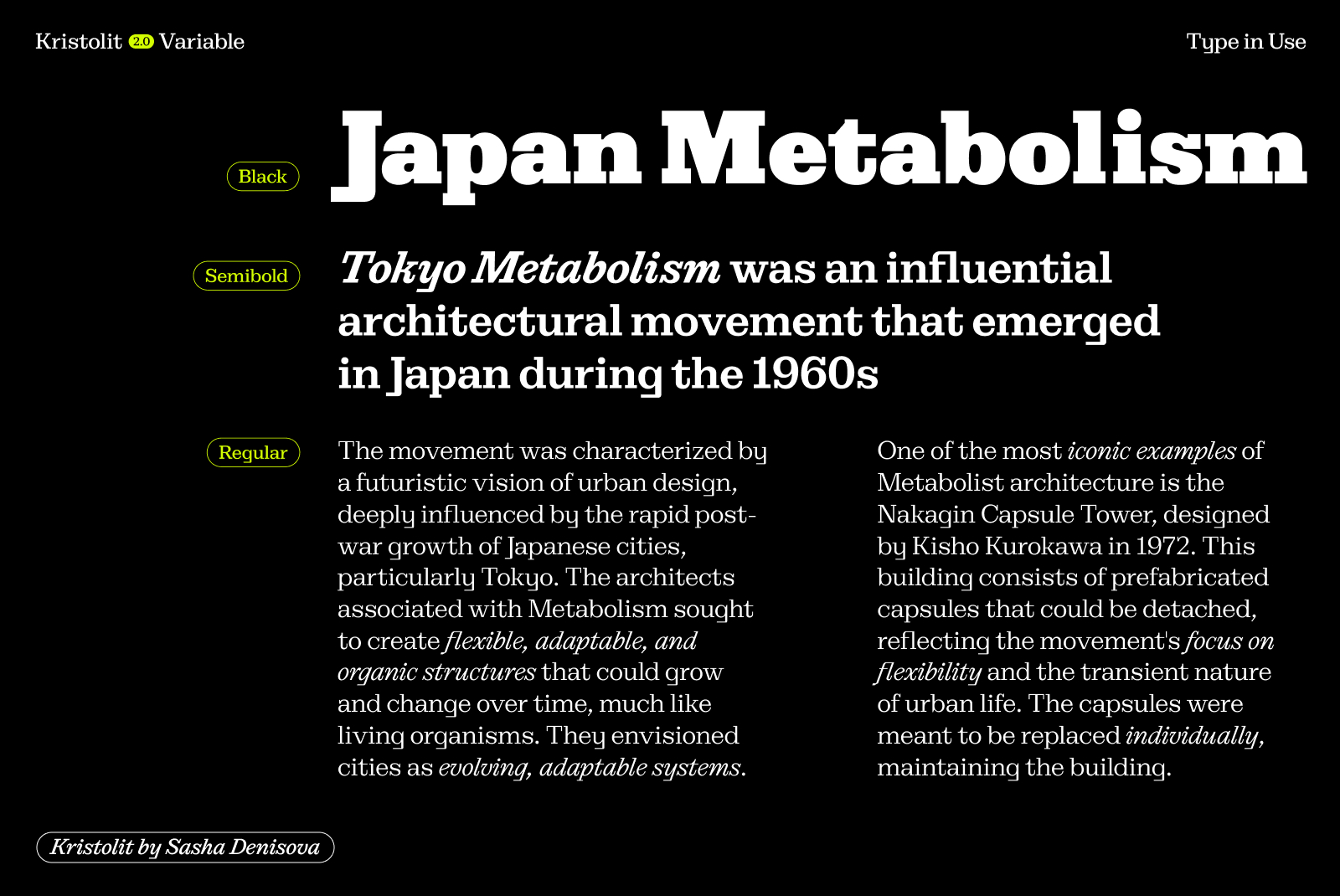 Typography graphic showcasing Kristolit font in various weights black, semibold, regular. Features text on Japan Metabolism architecture. Ideal for designers.