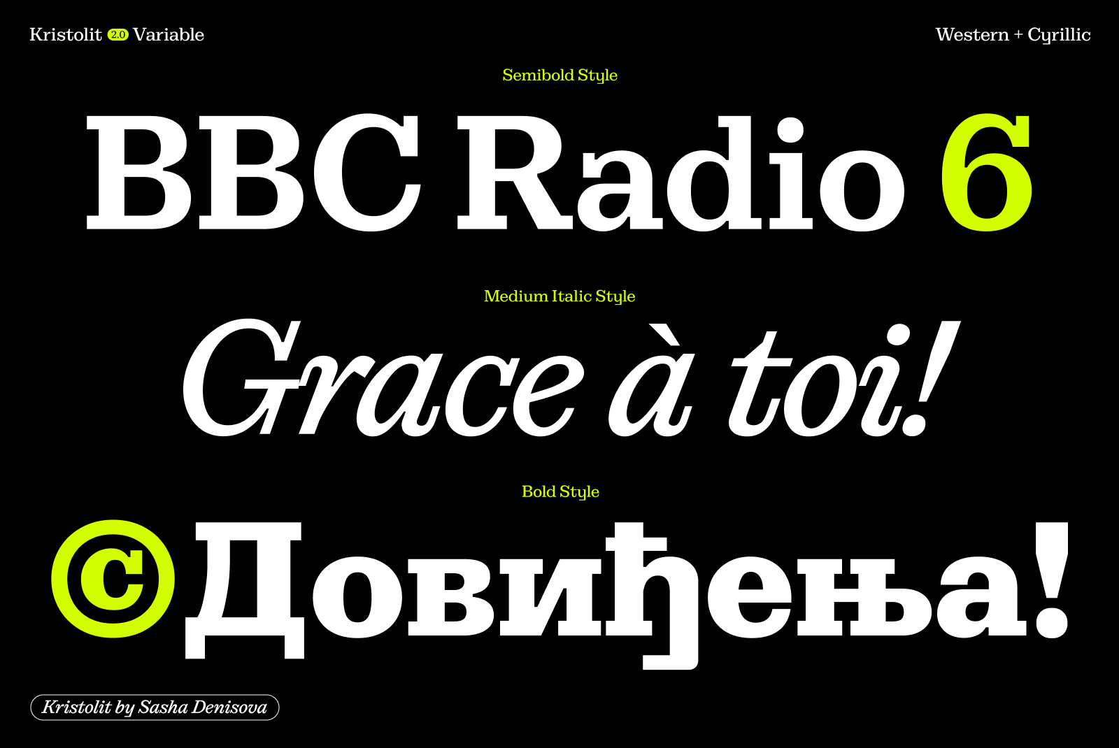 Bold typography display showcasing Kristolit variable font styles including Semibold Medium Italic Bold suitable for designers Western Cyrillic fonts.