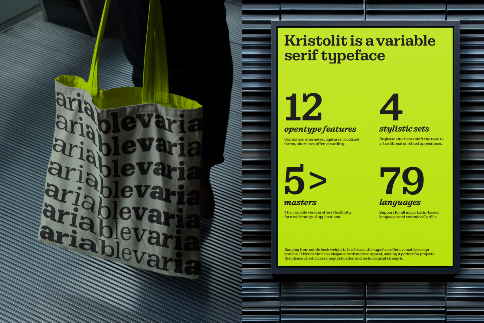 Tote bag featuring bold variable typeface design alongside a vibrant typography poster detailing font features. Ideal for typography and font design assets.