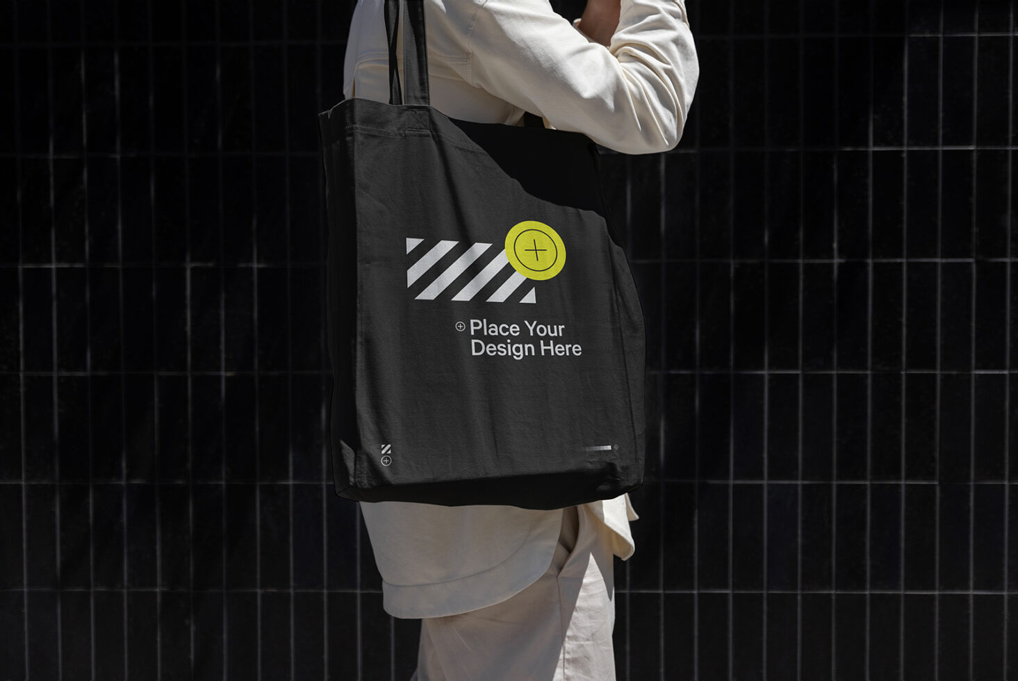 Tote bag mockup featuring customizable design space, ideal for showcasing branding projects, graphics, and designer templates against a dark background.