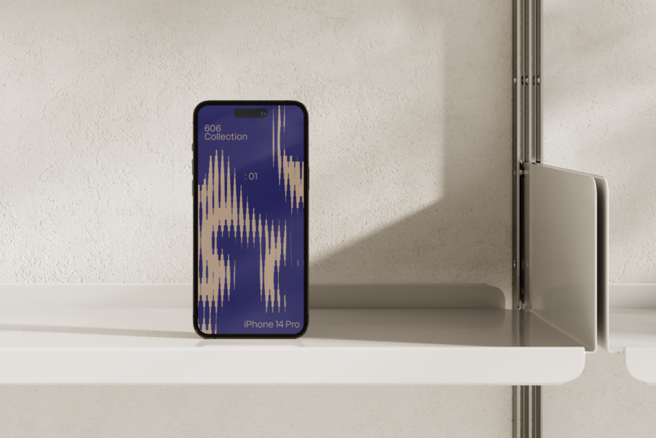 iPhone 14 Pro mockup with abstract blue beige wallpaper on a minimalist shelf background perfect for designers showcasing digital assets and templates